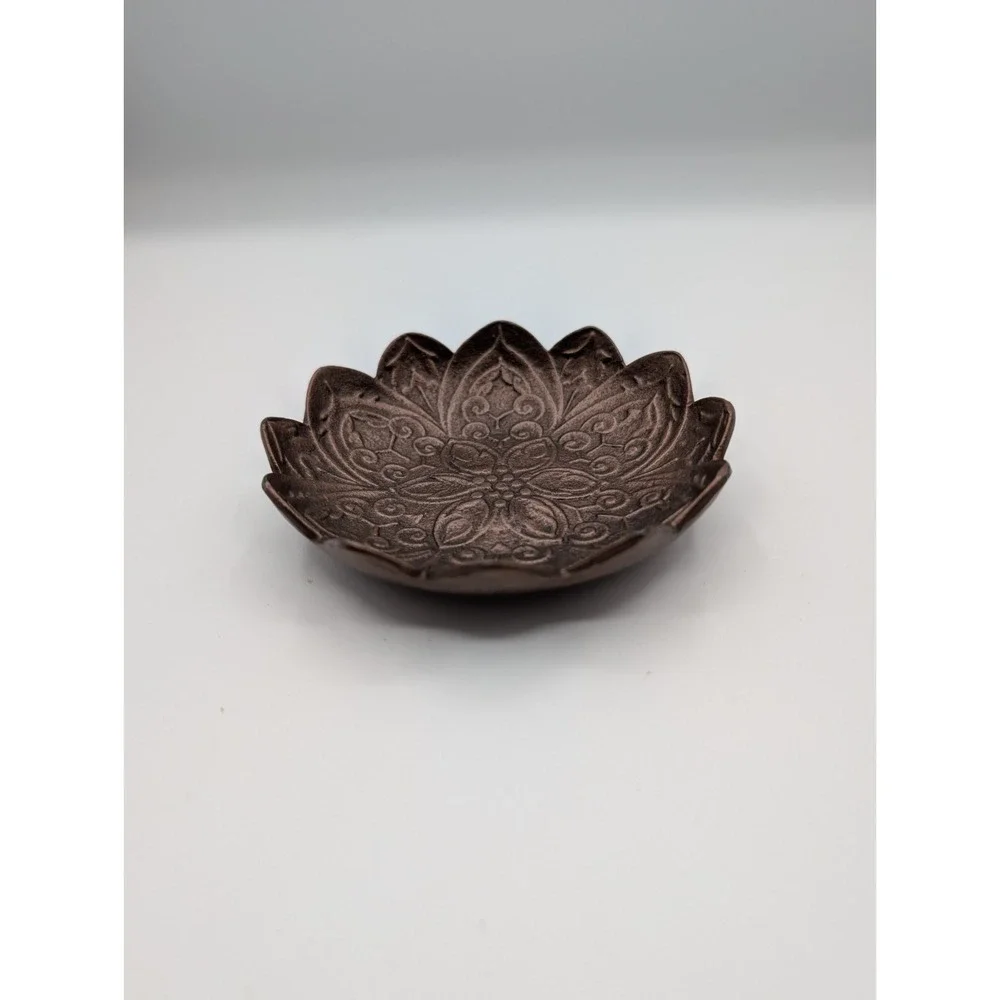 Lotus Flower Metal Trinket Dish Bronze Tone Embossed Jewelry Ring Catchall Bowl